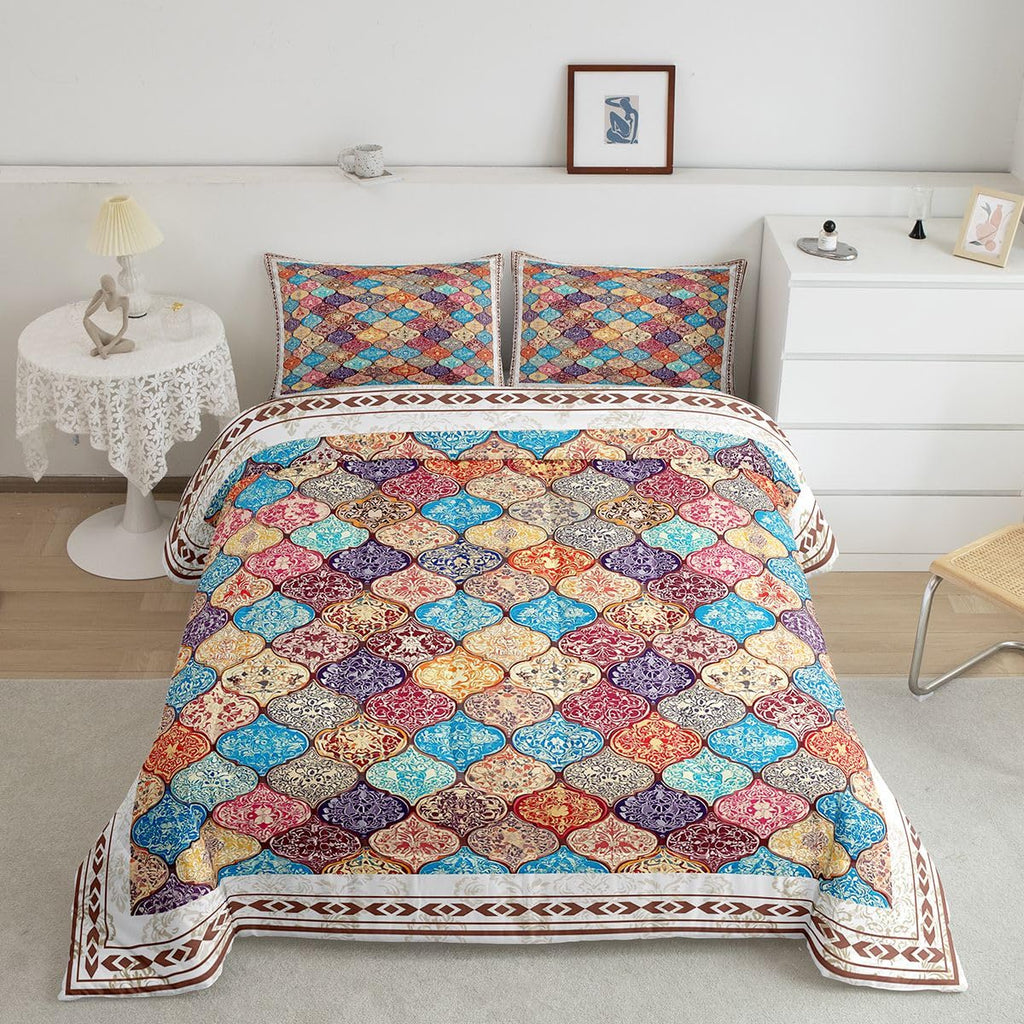 Exotic Style Comforter Set Queen Boho Damask Flower Bedding Set for Women Exotic Tribal Colorful Bohemian Down