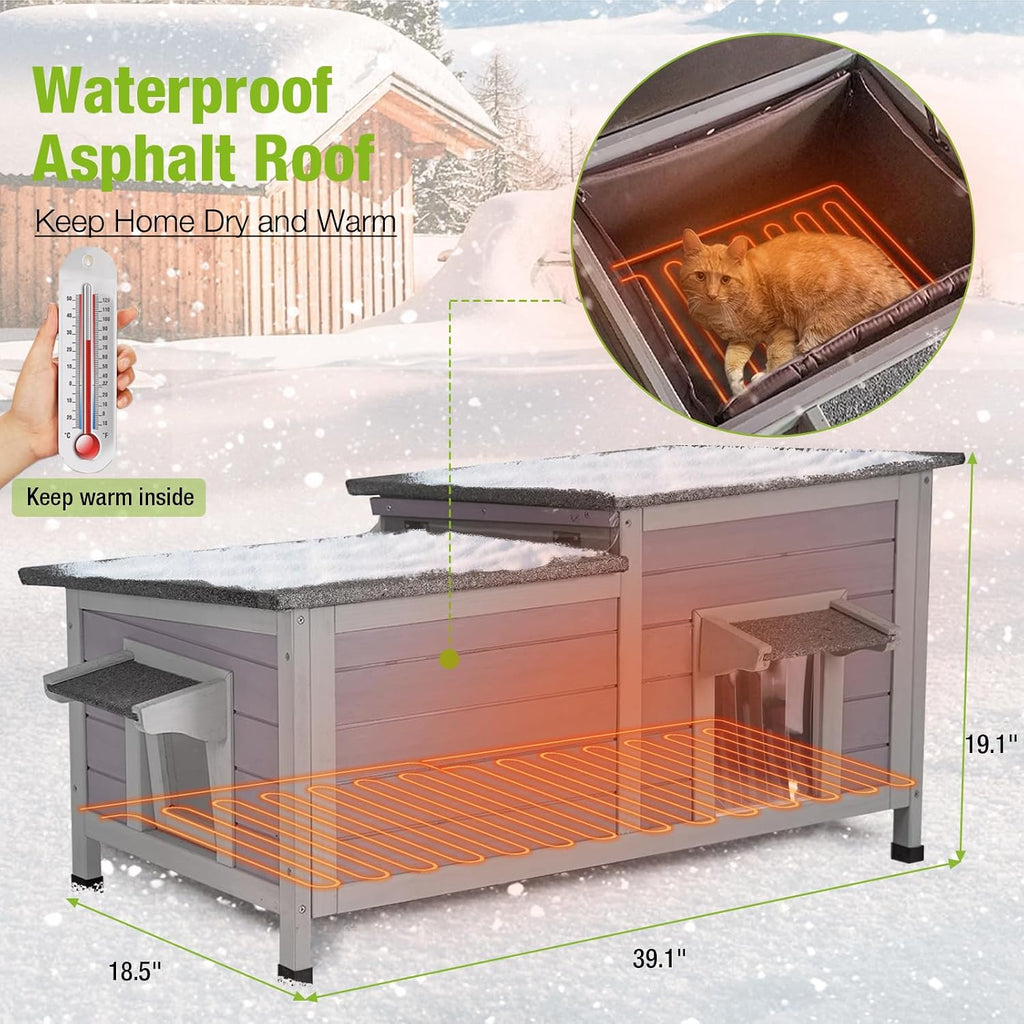 Heated Cat House Outdoor Feral Kitty Shelter with Insulated & Heated Liner Weatherproof Roof Cat Home
