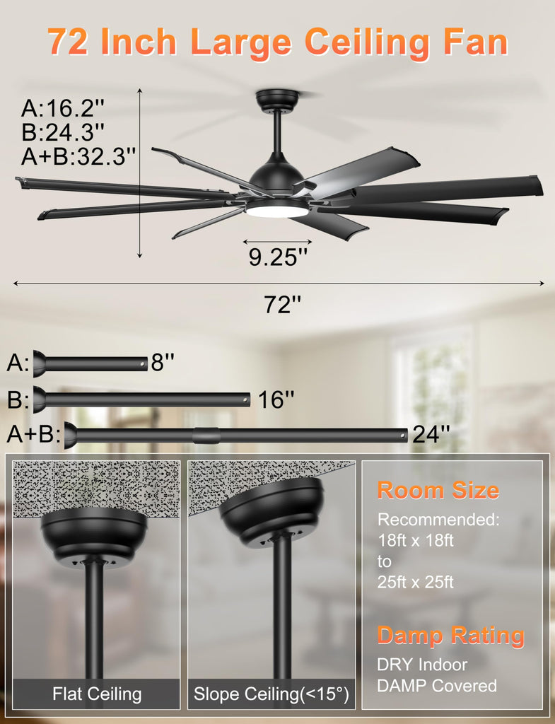 72'' Industrial Ceiling Fan with Lights for Covered Outdoor, Black