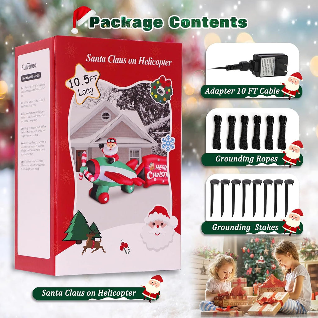 10.5 FT Animated Christmas Inflatables Santa Claus on Airplane, Santa Claus on Helicopter with Merry Christmas