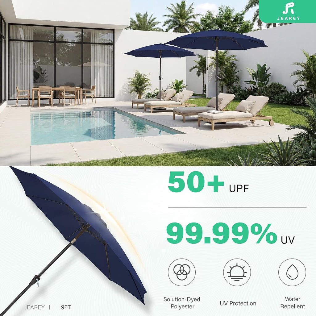 9FT Outdoor Patio Umbrella,Market Table Umbrella with 8 Fiberglass Ribs, Pool Umbrella with Tilt and Crank - Navy