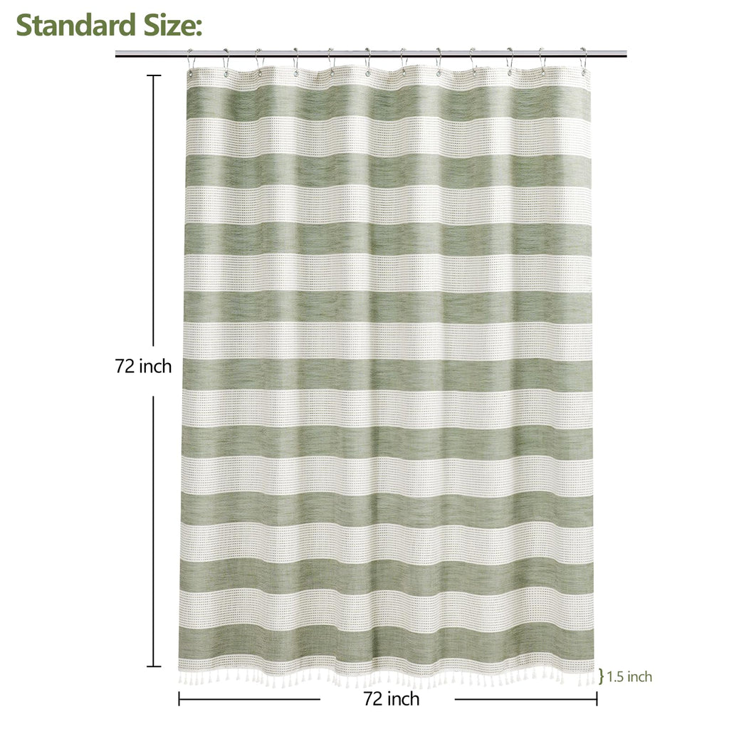 Boho Farmhouse Thick Shower Curtain with Tassels, Cotton Linen Soft Fabric Shower Curtain Heavyweight, Sage