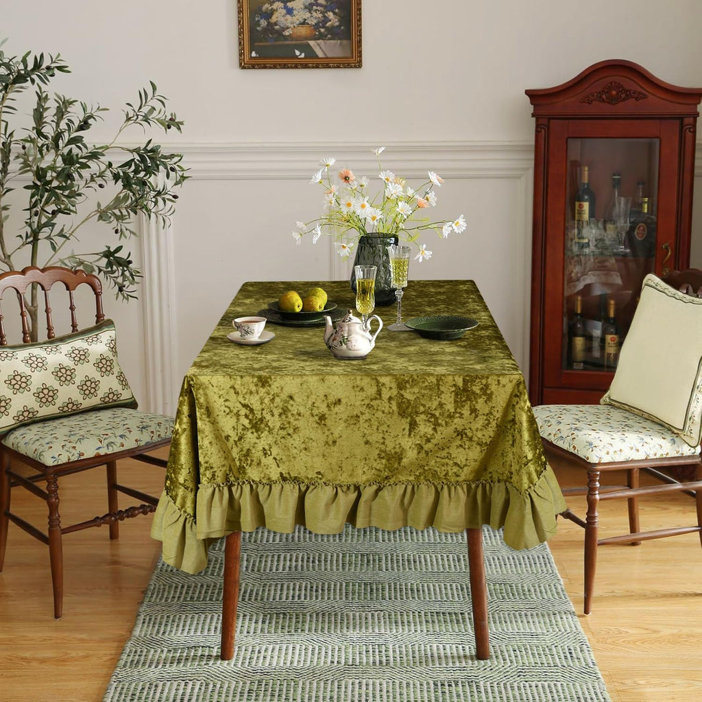 Velvet Ruffle Tablecloth, Rectangle Vintage Farmhouse Pleated Tablecloth for Party Wedding Baby Kitchen Table Decor