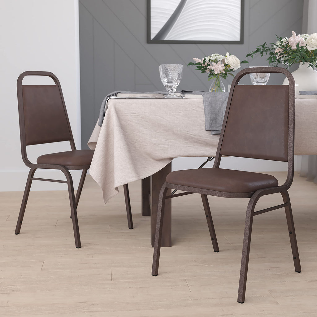 4 Pack Trapezoidal Back Stacking Banquet Chair in Brown Vinyl - Copper Vein Frame