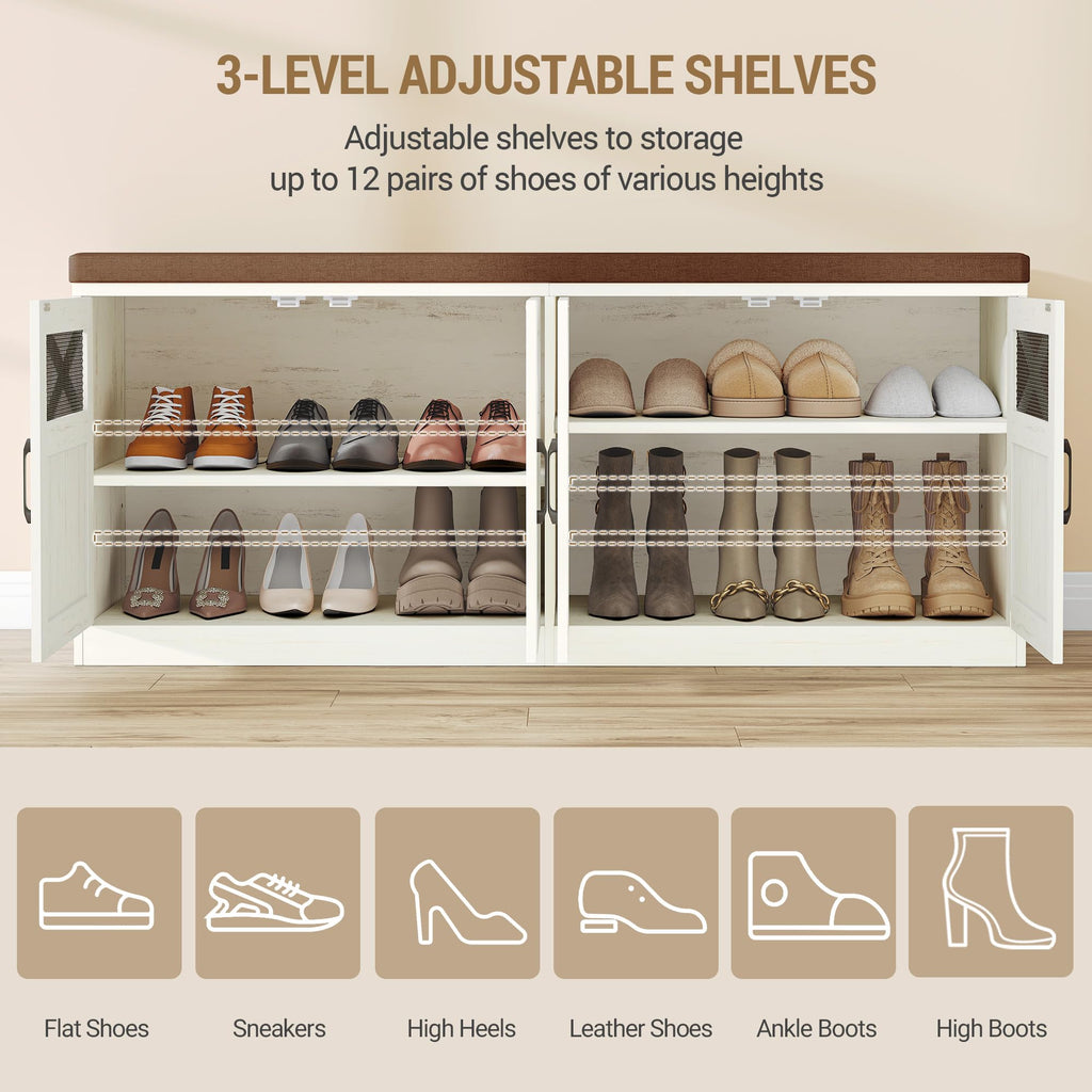 47.2" Shoe Storage Bench with 4 Barn Doors & Padded Seat Cushion