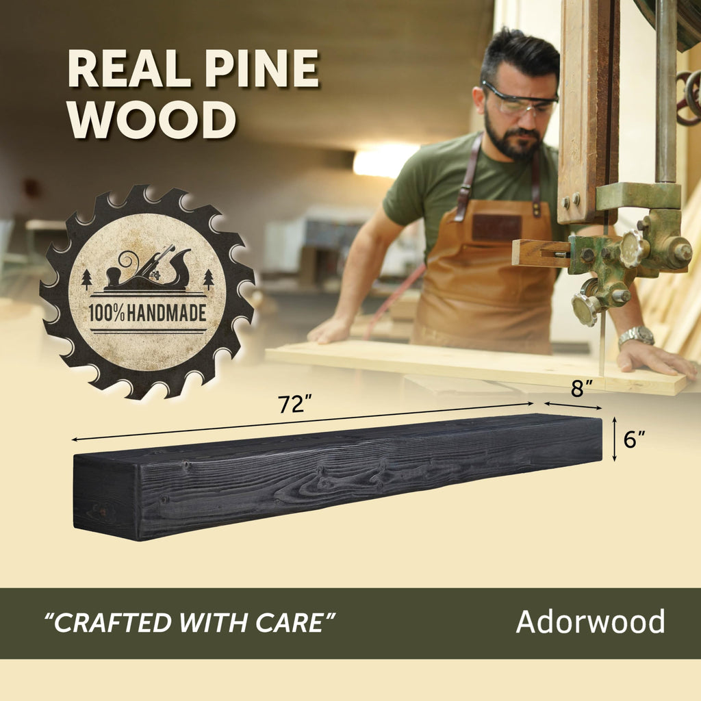 Handmade Rustic 72 Inch Fireplace Mantel Shelf, Ebony 8Dx6H