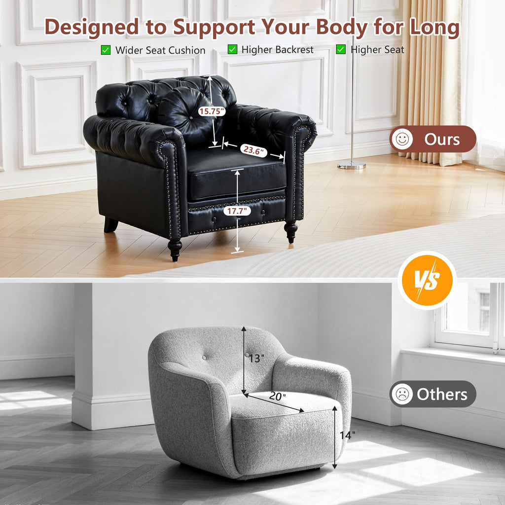 Chesterfield Chair, High Back Modern Faux Leather Couch with Button Tufted, Nailhead Trim, Rolled Arms, Extra Round