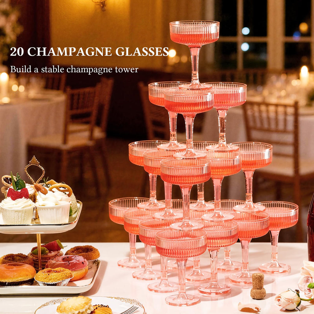 4-Tier Champagne Glasses - 20 PCS 7oz Pink Plastic Champagne Flute