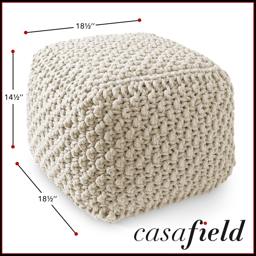 Square Pouf Ottoman, Natural - 18.5" W x 18.5" D x 14.5" H Cotton Knit Foot Stool - Boho Floor Pouffe