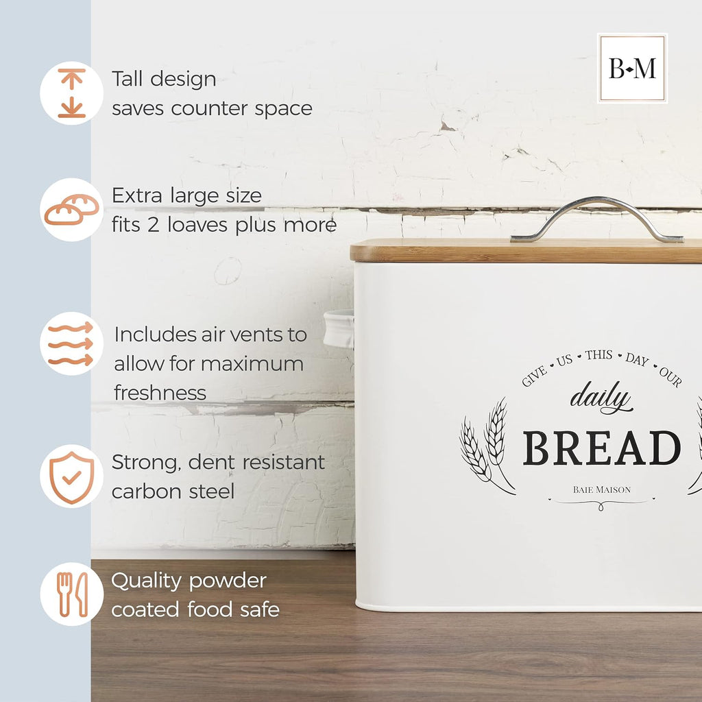 Extra Large White Farmhouse Bread Box Countertop - Bread Storage with Matching Large Kitchen Canisters - Set of 3
