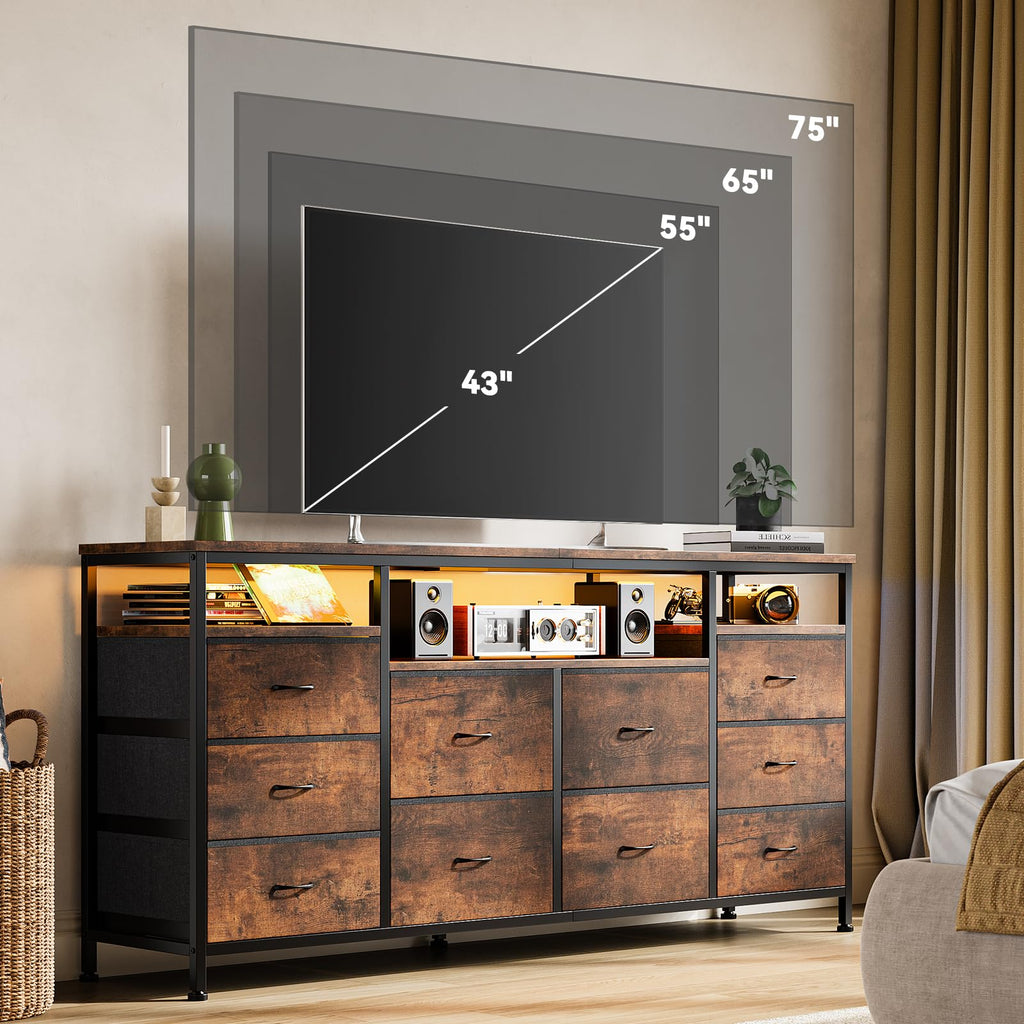 63.3 in Dresser, 10 Drawer Dresser TV Stand for 65 70 75 in TV, Fabric Chest of Drawers with LED Lights & Power