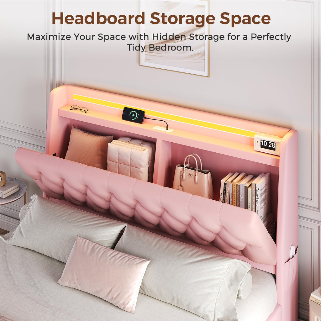 Full LED Velvet Bed Frame with 2 Storage Drawers&Hidden Headboard, Upholstered Platform Bed with Charging