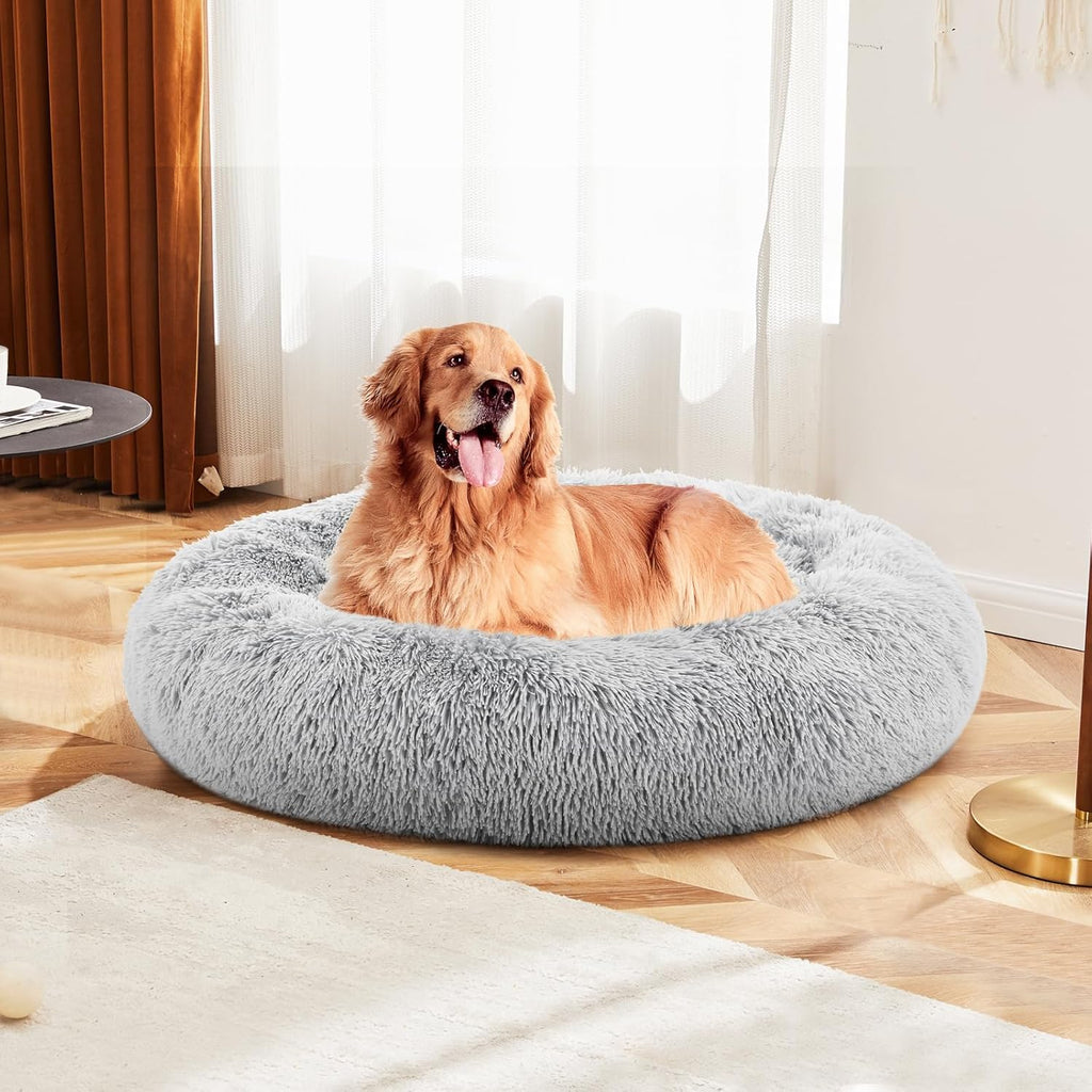 XL Donut Dog Bed for Indoor Use, Fluffy Faux Fur Plush