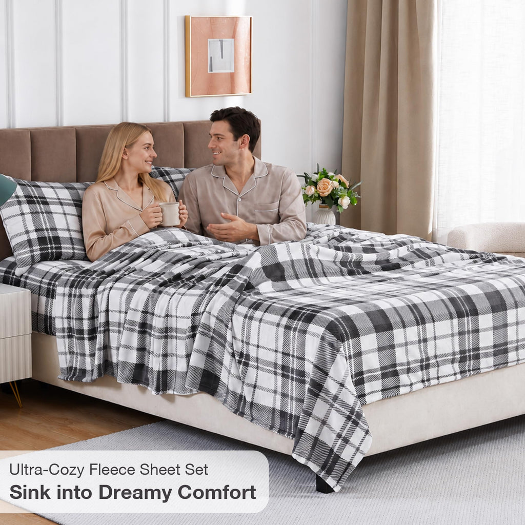 Fleece Sheets Full Size, Flannel Like Soft, Grey White Plaid