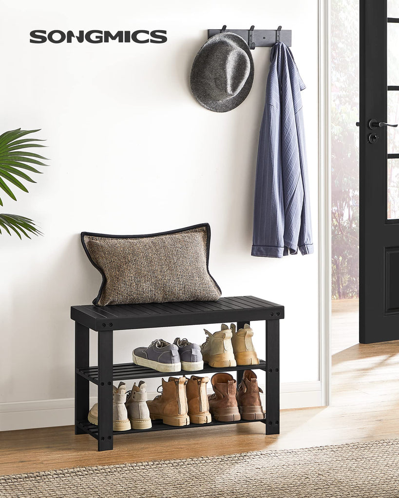 Shoe Rack Bench, 3-Tier Bamboo Entryway Bench, 27.6 Inches Width