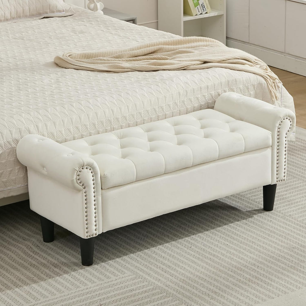 50" Storage Bench , Velvet Upholstered, Beige | End of Bedroom Bed Bench Ottoman with Tufted Cushioned Rolled Arm
