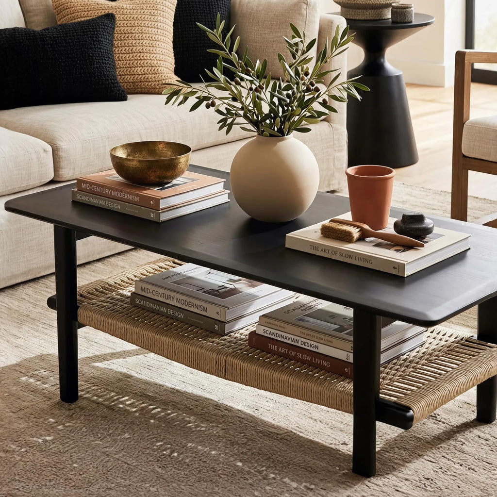 2-Tier Rattan Coffee Table, 47" Rectangle Wood Center Table, Black