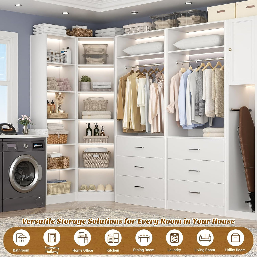Closet System with 6 Drawers & 10 Shelves, Corner Closet Organizer System, Reversible Walk-in Closets, (L-Shaped