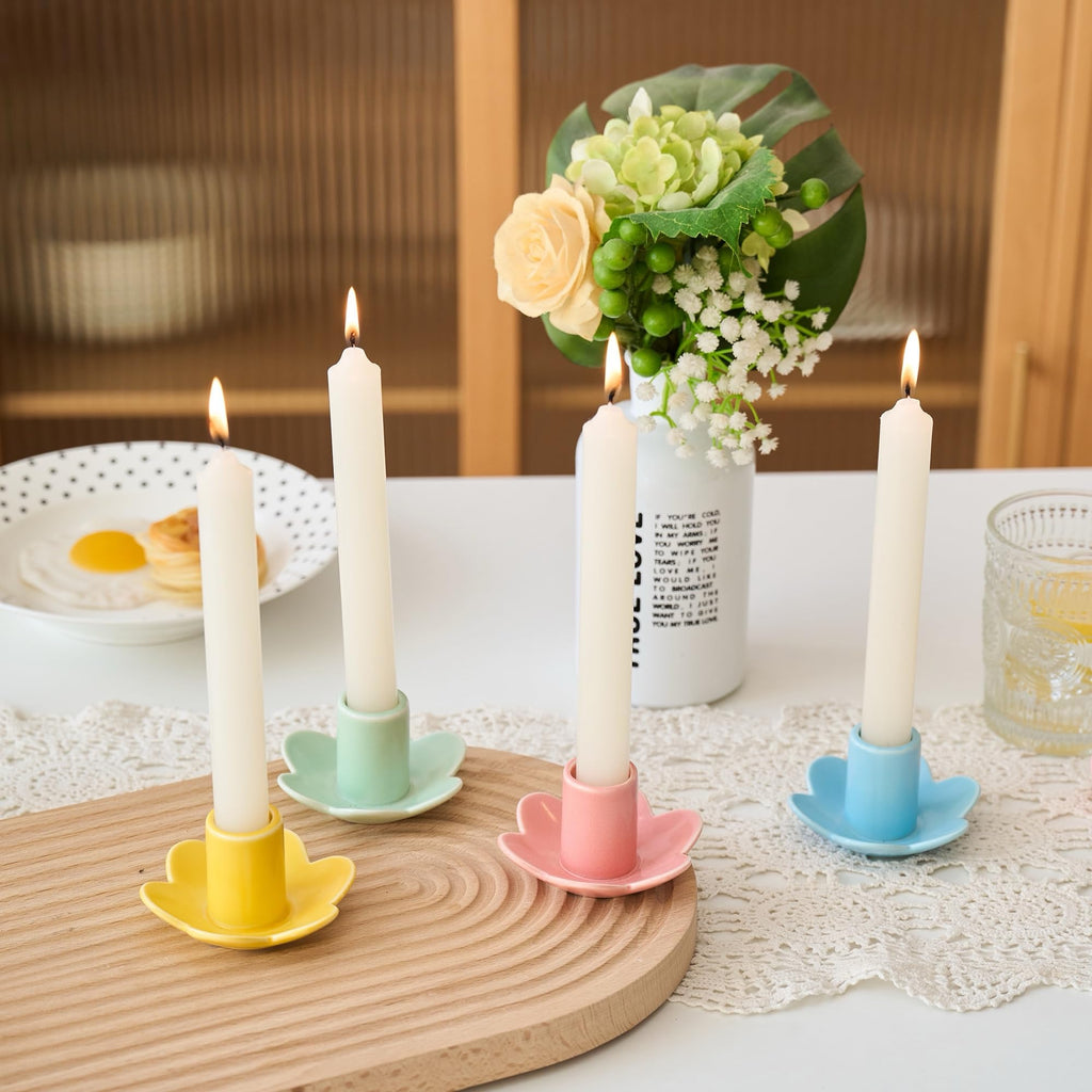 Colorful Ceramic Candlestick Holders Set of 4, Cute Easter Taper Candle Holders Chic Flower Shaped Table Centerpiece
