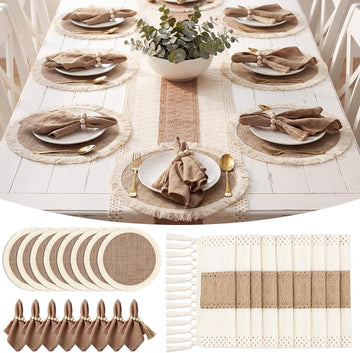 8 Sets of Placemats and Table Runner, Farmhouse Rustic Jute Decor | Round Placemats with Napkins,Wood Bead Rings,Jute
