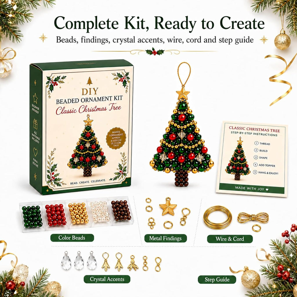 DIY Christmas Tree Beaded Ornament Kit, Pearl Crystal Holiday Craft