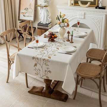 Rustic Waterproof Linen Tablecloth, Heavy Weight Beige Embroidery Table Cloths for Rectangle Tables,