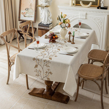 Rustic Waterproof Linen Tablecloth, Heavy Weight Beige Embroidery Table Cloths for Rectangle Tables, Burlap Farmhouse