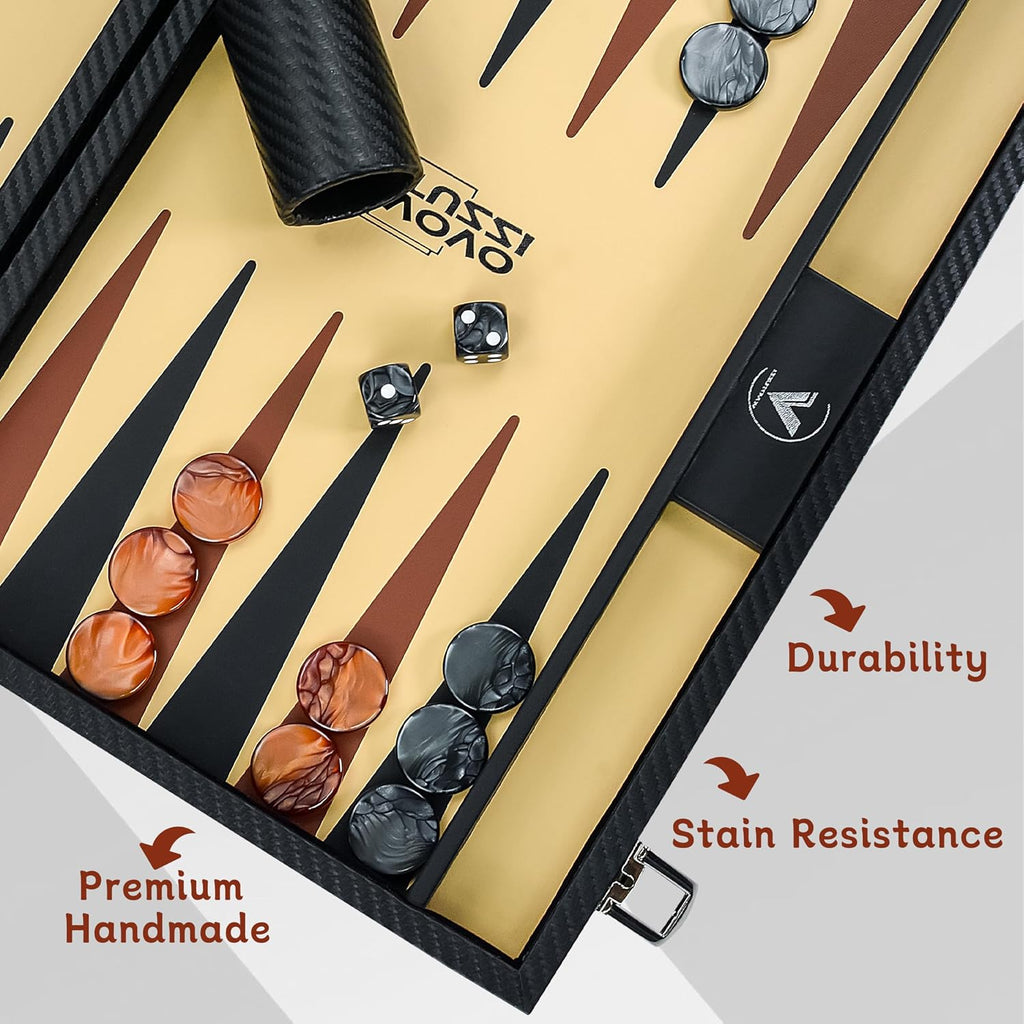 15 Inch Backgammon Set for Adults, Premium Carbon Fiber PU Leather Foldable Backgammon Board Game, Portable Travel