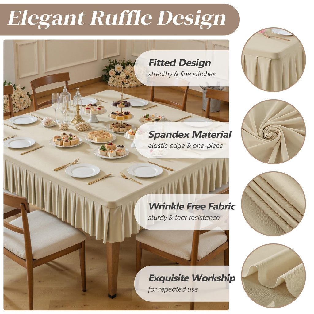Care Natural Spandex Tablecloths for 34x34 Inch Square Tables, Stretch Fitted Table Clothes with Pleated Ruffle Skirt
