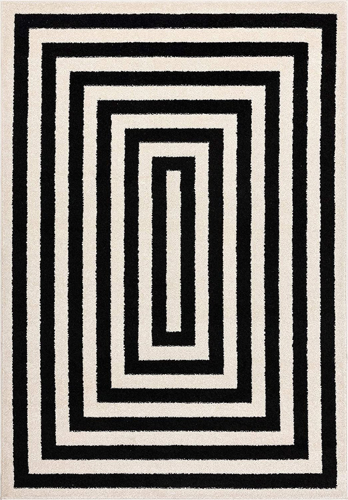 Contemporary Black & Ivory Area Rug, Contrasting Geometric Modern Stripe Symmetrical Living Room Carpet Rugs