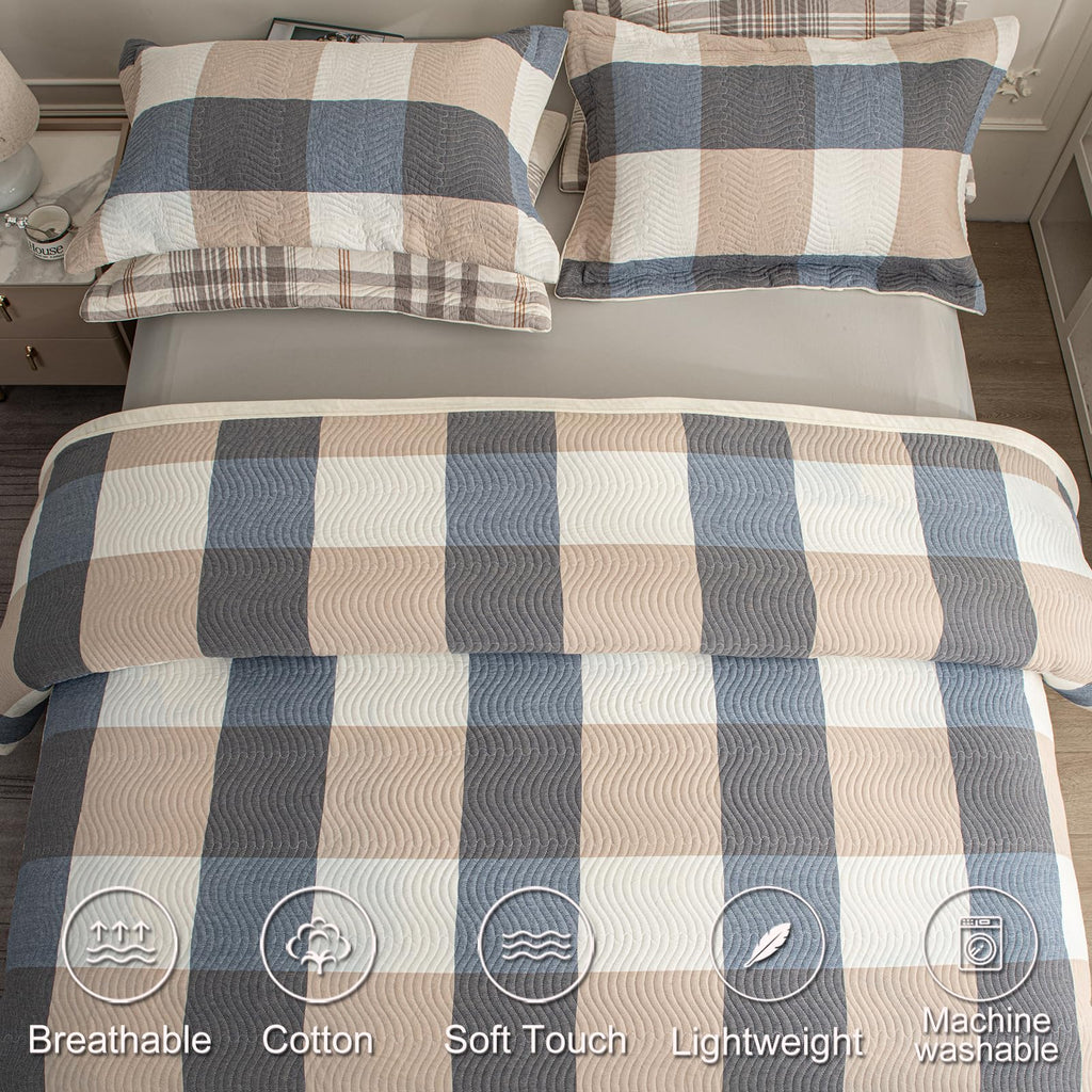 Cotton Plaid Quilt Set, Ultra Soft 3 Pieces Bedding with 2 Pillow Shams, Lightweight Reversible Coverlet
