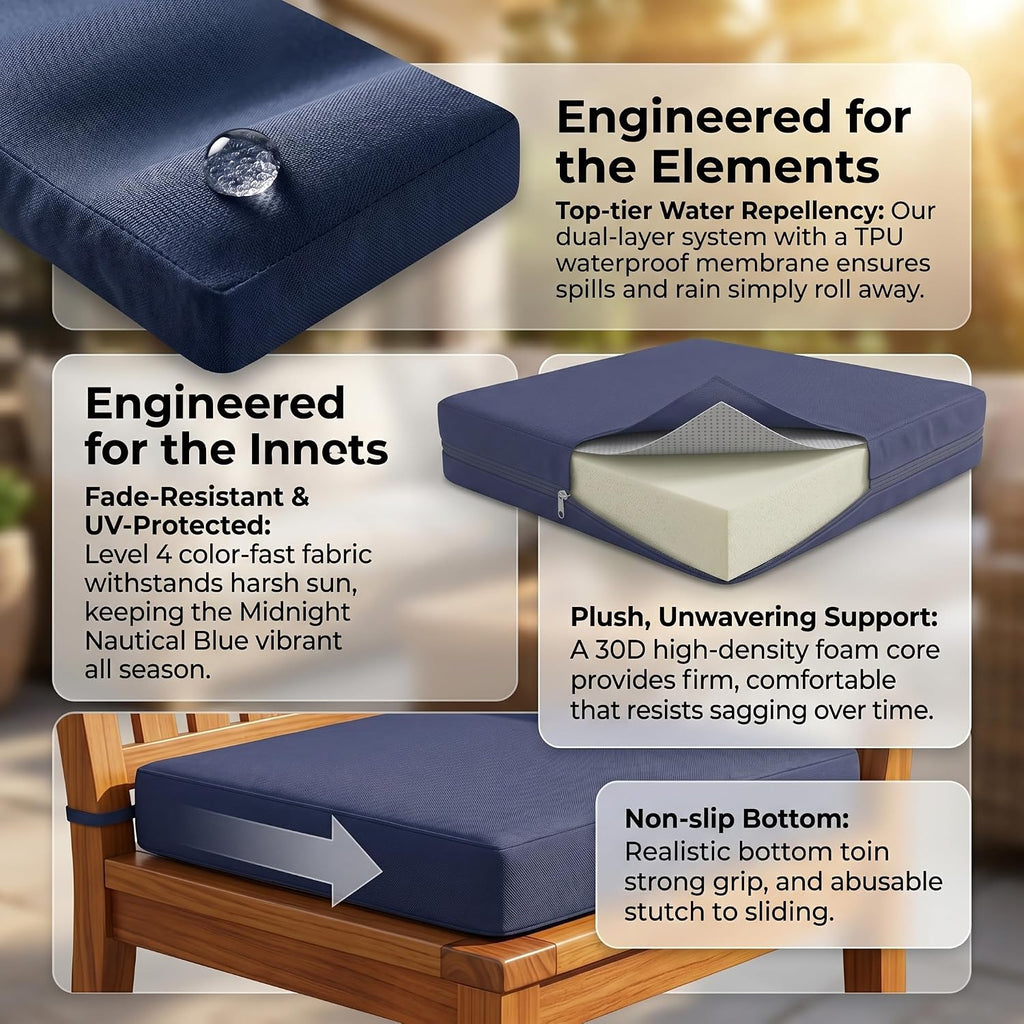 Outdoor Chair Cushions Set of 4, Navy 19"x19"x3" | Patio Chair Cushions, Waterproof Furniture Cushions with Removable