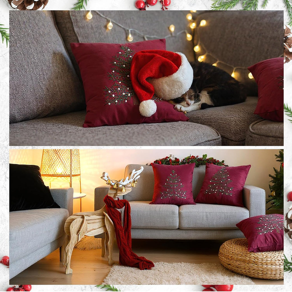 Burgundy Christmas Decoration Pillow Covers 18 X18 Inch Christmas Tree Decorative Red Velvet Embroidery - Set of 2