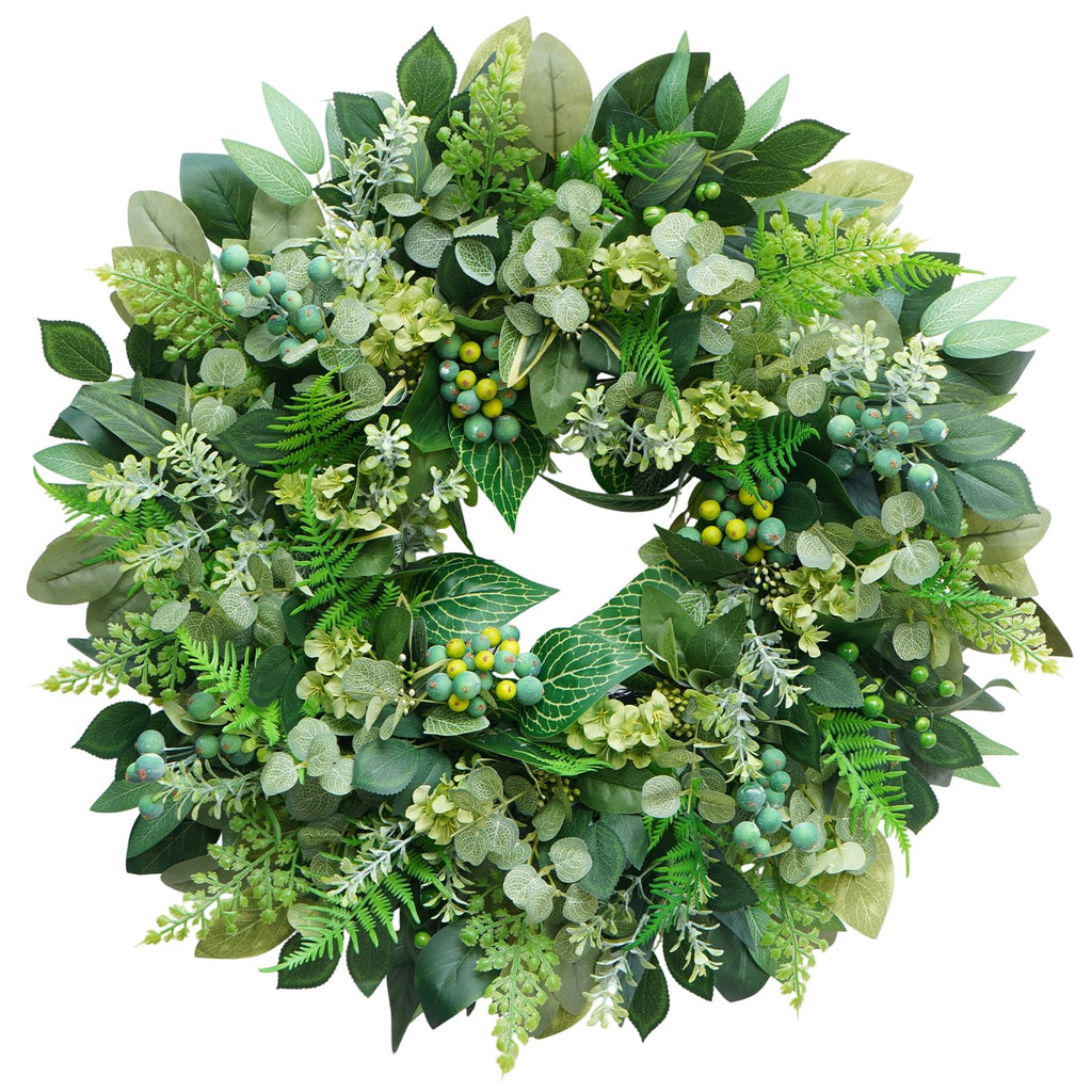 26 Inch Green Wreath for Front Door - Artificial Greenery Wreath with Berries, Indoor Outdoor All Season Year