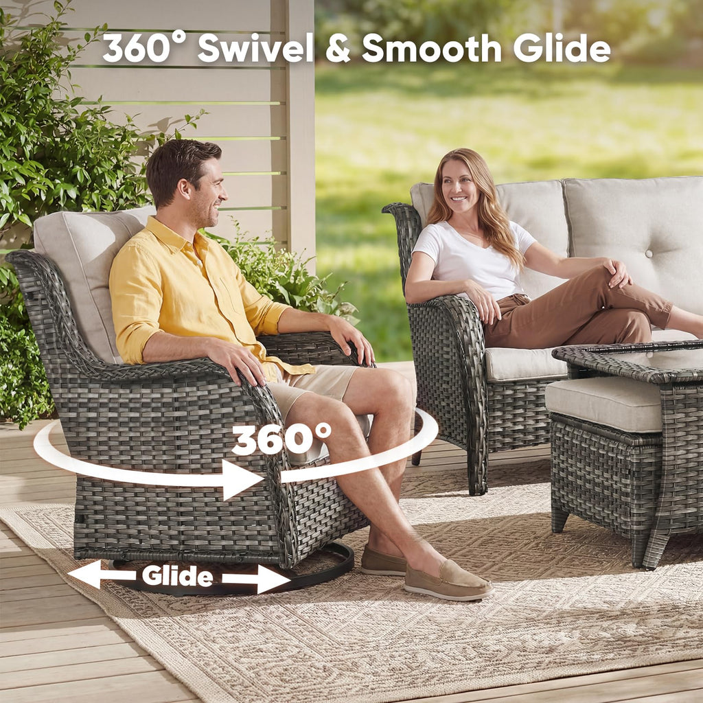 Patio Furniture Set with Fire Pit Table, 8 Piece Wicker Outdoor Furniture Set, Swivel Rocker Chairs with Ottomans and