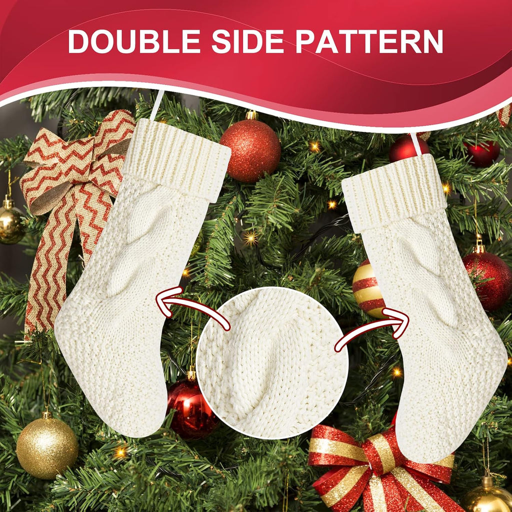 Ivory and Green Cable Knit Christmas Stockings Bulk Family Vintage Xmas Stockings for Fireplace Hanging 20" Long,4