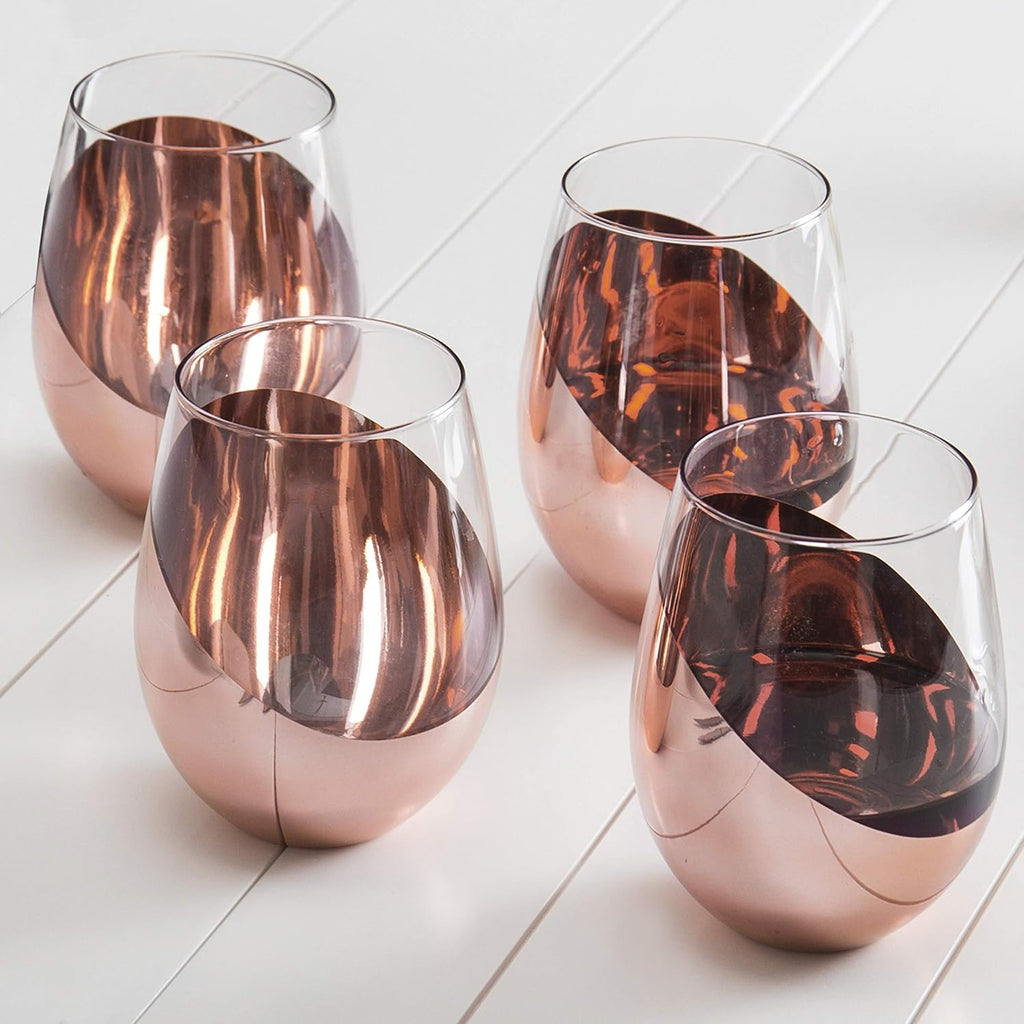 Stemless Wine Glasses Set of 4 - Copper Accent Modern Barware, Elegant Wedding & Celebration Cups with Luxe Metallic