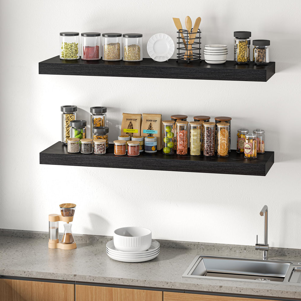 48" Floating Shelves for Wall, 12" Deep Thicker Black Floating Shelves, Wall-Mounted Shelves - Set of 2