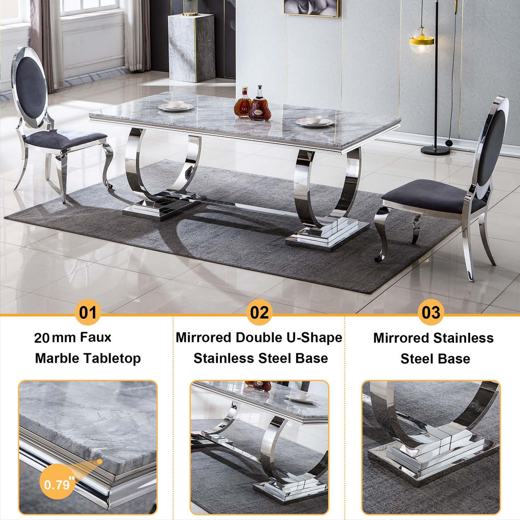 5 Piece Silver Dining Table Set for 4, 68.11" White Faux Marble Kitchen Table with 4 Velvet Chairs, Modern Dining Room
