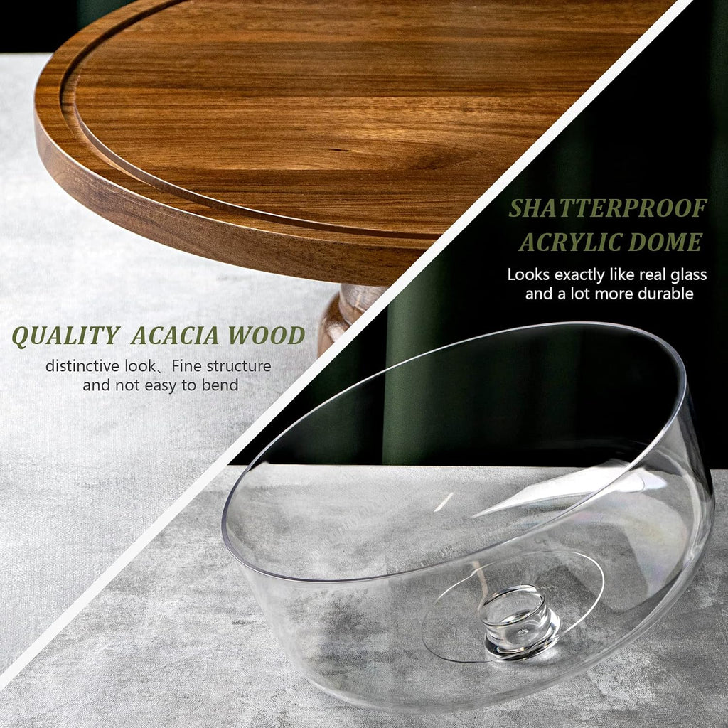 Cake Stand with Dome Lid, Acacia Wood Cake Plate with Cover