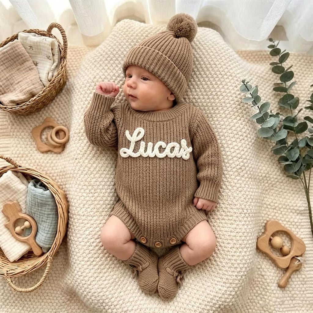 Personalized Embroidered Baby Romper Set Cotton Newborn Coming Home Outfit Knit Sweater Gender Neutral Gift
