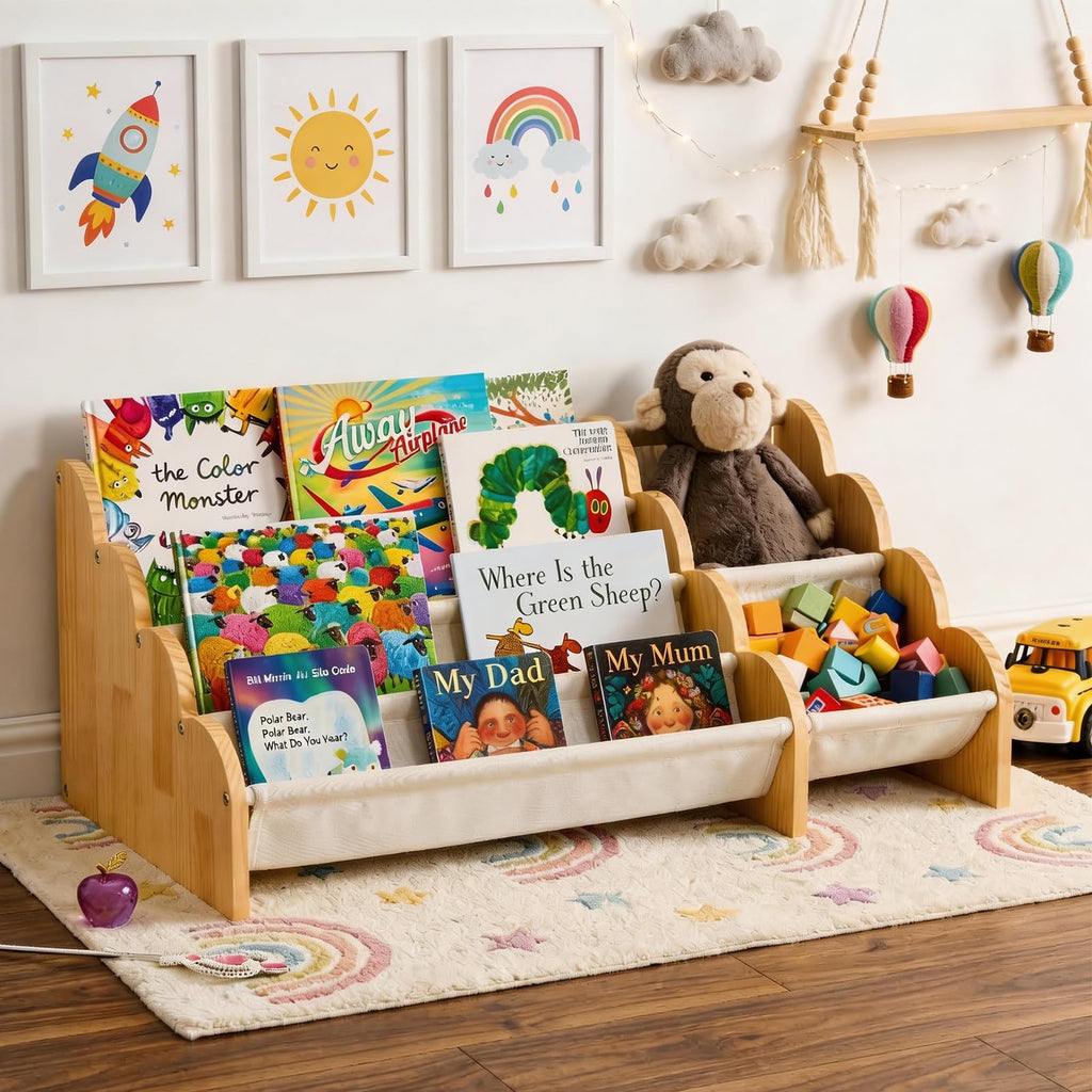 4-Tier Wooden Bookshelf with Storage, Front-Facing Sling Bookcase Organizer with Wavy Edge, Perfect for Playroom
