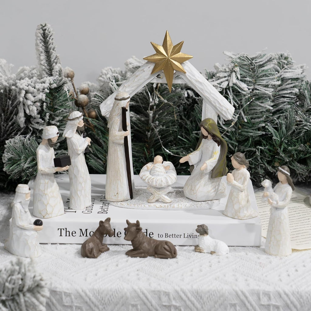 Christmas Nativity Scene Set, 12 Piece Resin Miniature Holy Family Figurines, Mini Decorative Religious Christmas