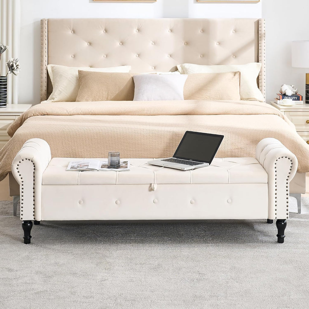 Storage Bench 67" Velvet End of Bed Benches Cream Beige | King Size Storage Bench with Rolled Arms Tufted Ottoman