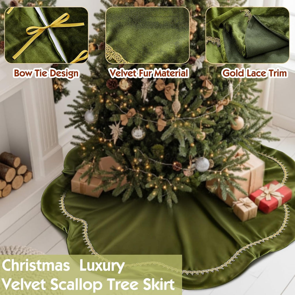 Christmas Tree Skirt 48 Inch Moss Green Velvet Fur Scallop Tree Skirt Sparking Gold Lace Trim for Party Rustic Xmas