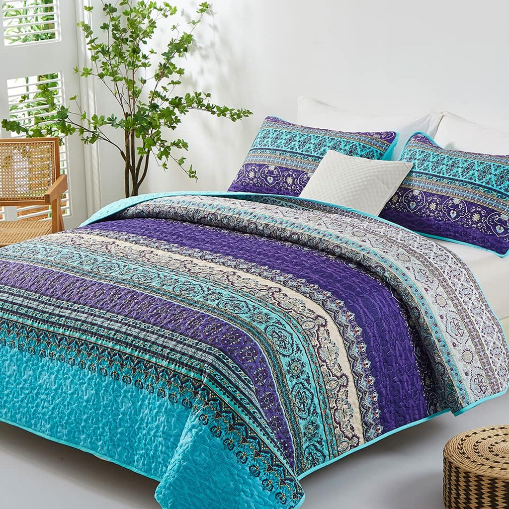 Boho Queen Quilt Set, Blue Bohemian Queen Quilt Bedding Set, Lightweight Microfiber Bed Decor Bedspread for All