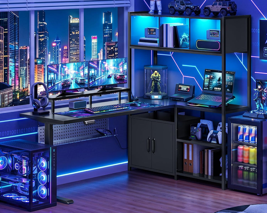 55'' L Shaped Standing Desk, Sit Stand Desk with Storage Hutch | Stand Up Corner Gaming Desk with Shelves, Cabinet