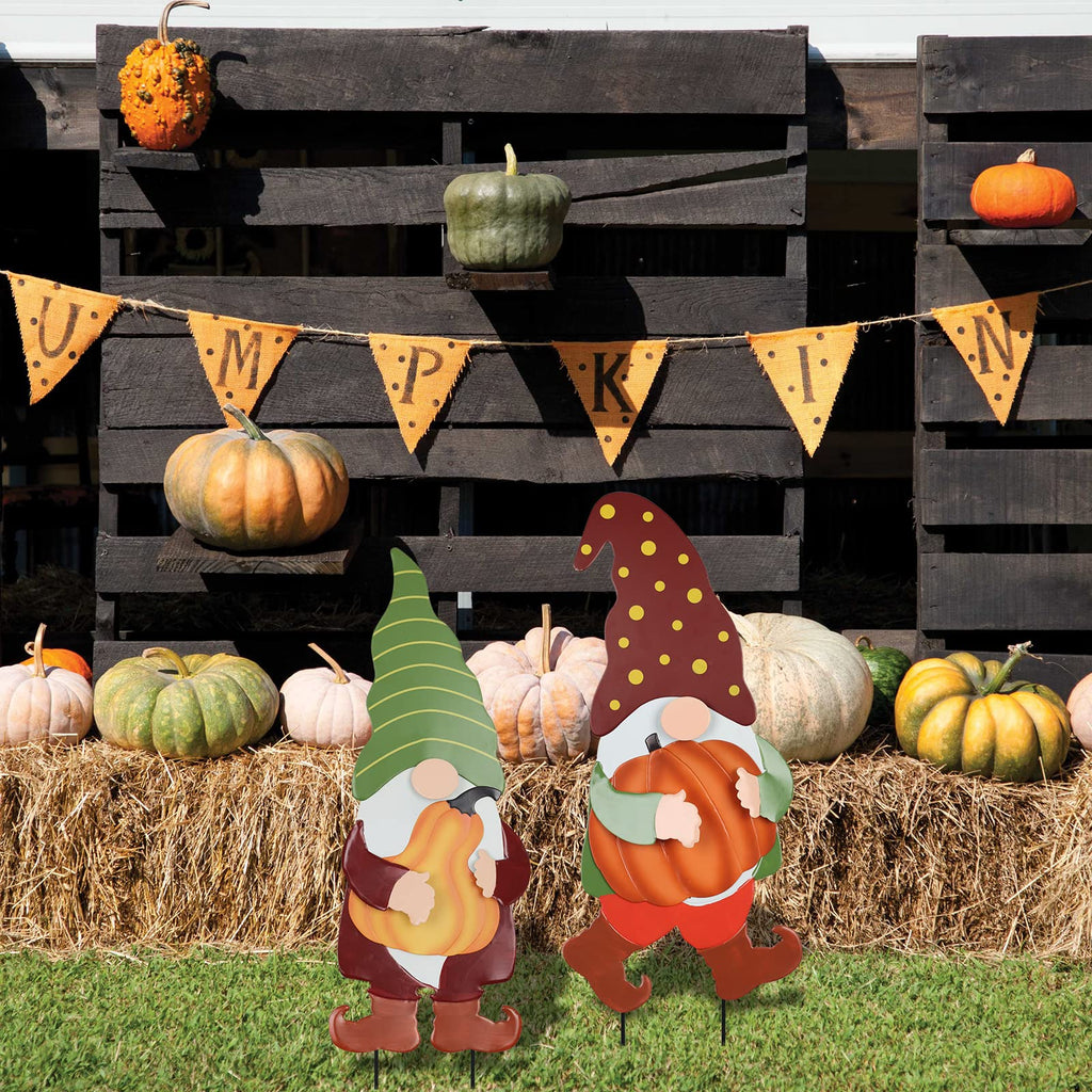 Fall Decorations Outdoor, 2 Pack 25" Decorative Garden Stakes with Gnomes Pumpkin for Fall Decor, Metal Yard Signs