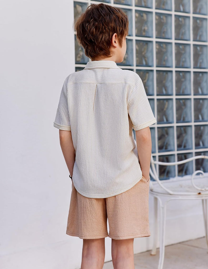 Boys Ribbed Textured Outfit Cuban Collar Shirt & Shorts