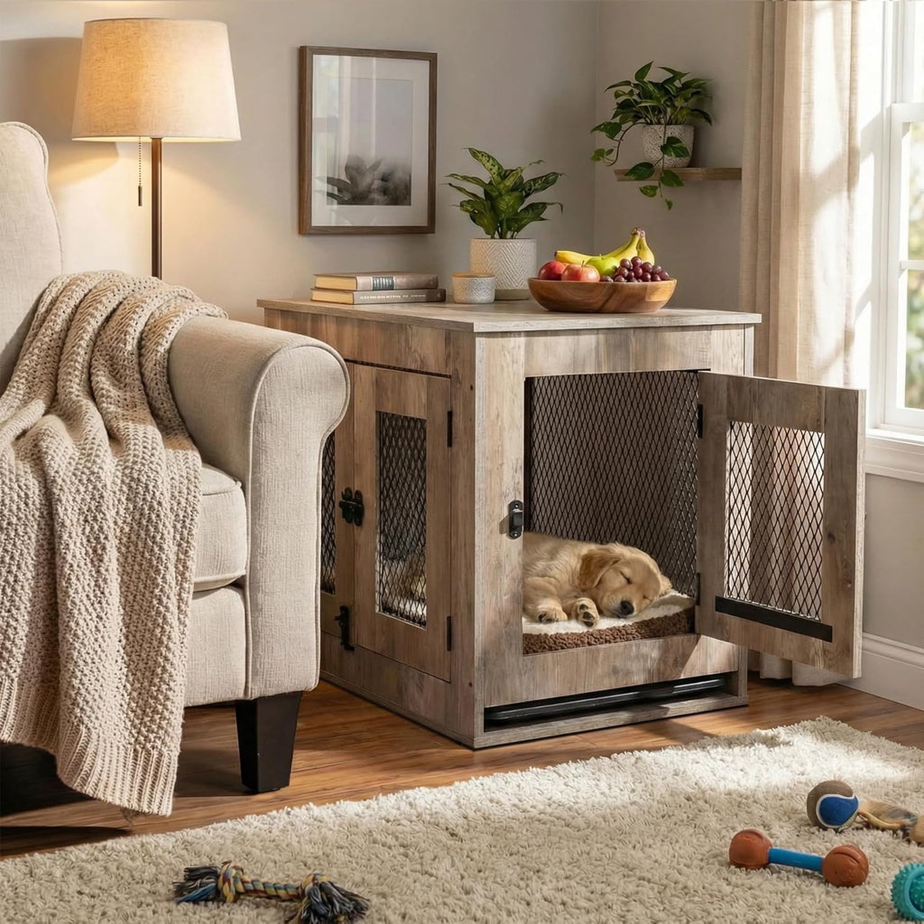 Wooden Dog Crate Furniture - Wire Mesh Door Decorative Dog Kennel End Table for Puppies, Cats, Rabbits